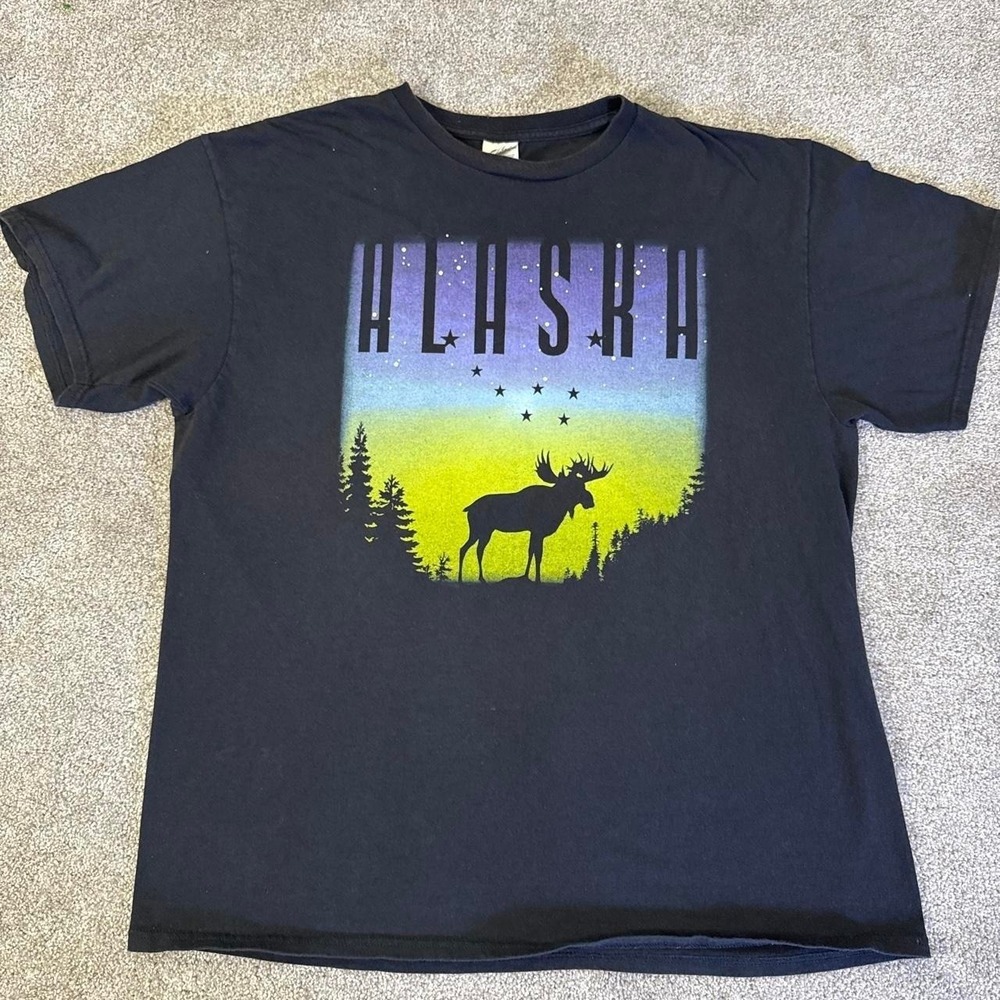 Vintage Y2K Alaska Moose Graphic T Shirt Black Delta Pro Weight